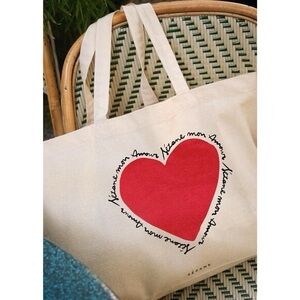 SEZANE Mon Amour Cream & Red Heart French Love Printed Large Canvas Tote Bag